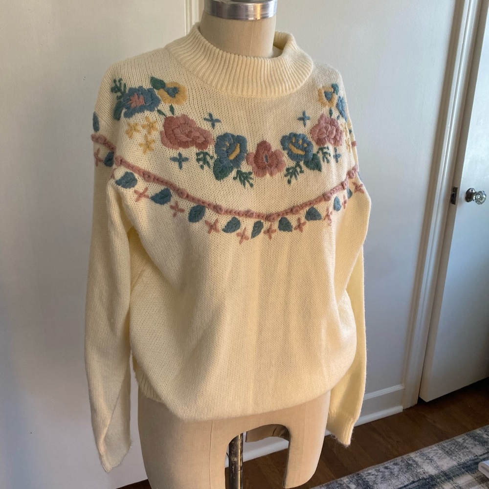 SOLD Alfred Dunner Cream Crew Neck Top with Floral Embellishments